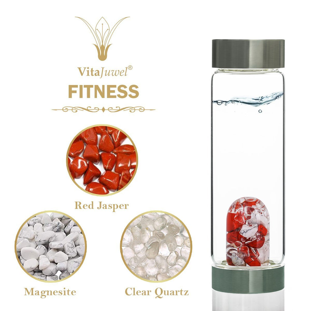 Vitajuwel Via Gemwater Bottle FITNESS Blend Willpower Strength Red Jasper Magnesite w/ LOOP - claritycove.com