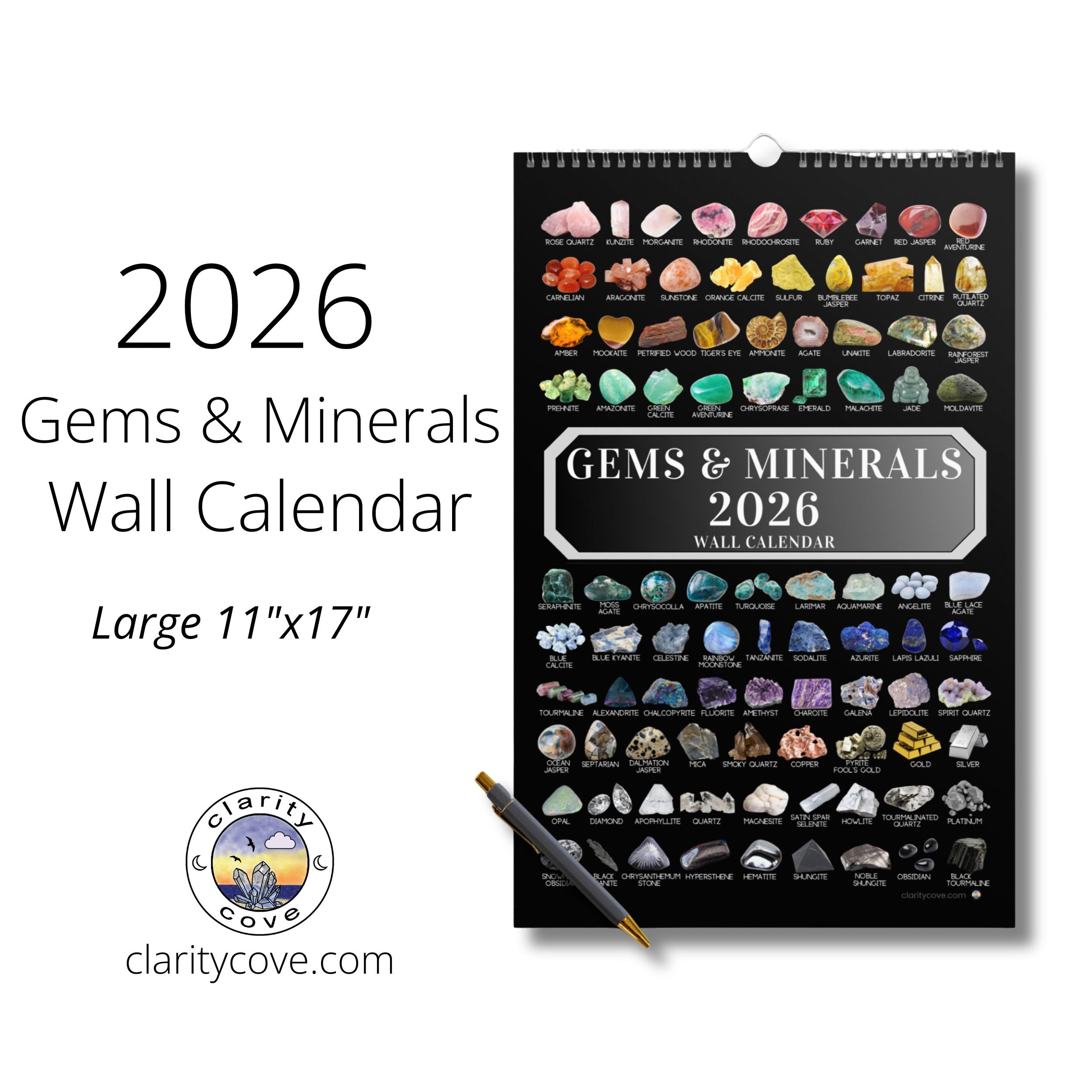 2026 gems minerals wall calendar by clarity cove crystals geology geologist rockhound art identification chart gift