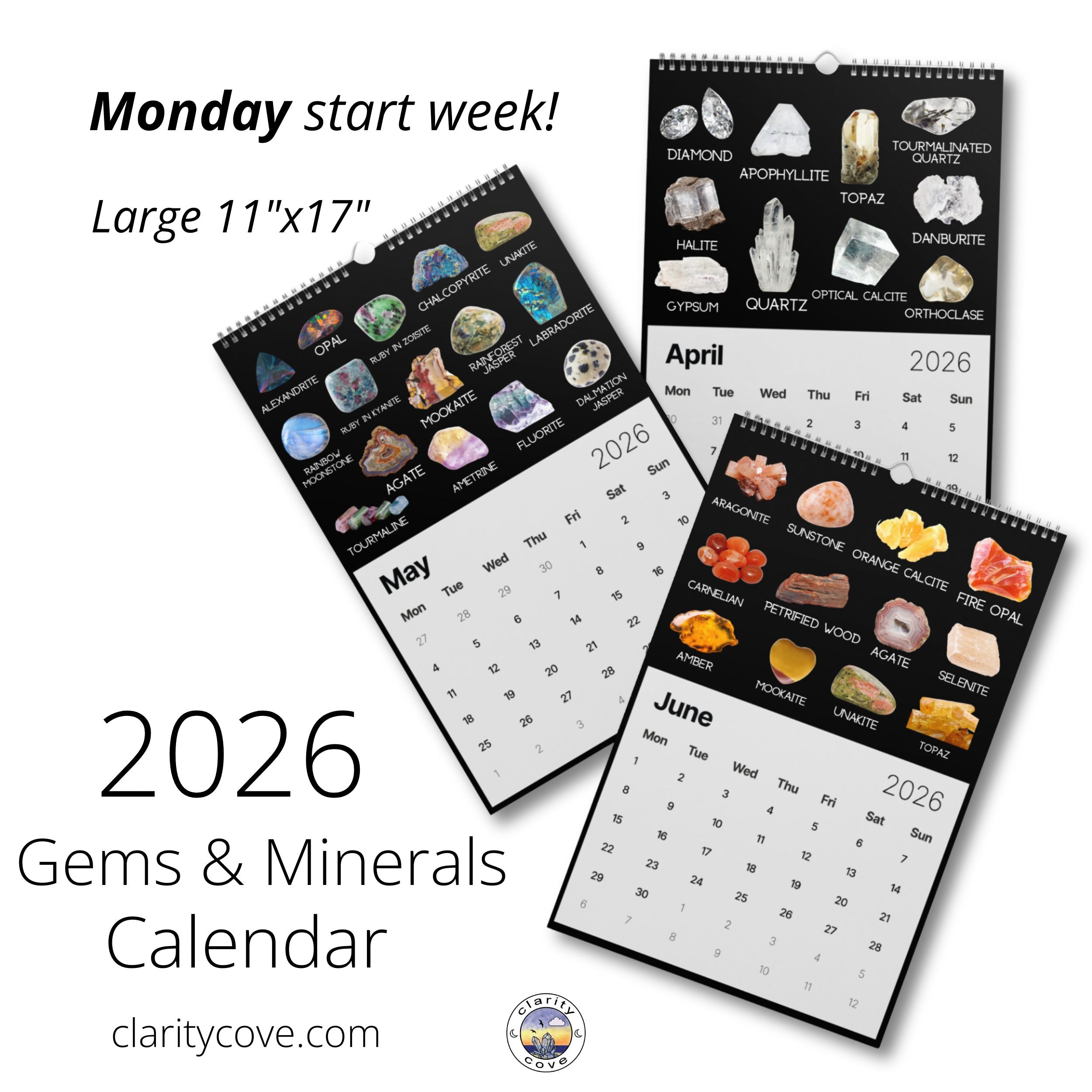 2026 gems minerals wall calendar by clarity cove crystals geology geologist rockhound art identification chart gift