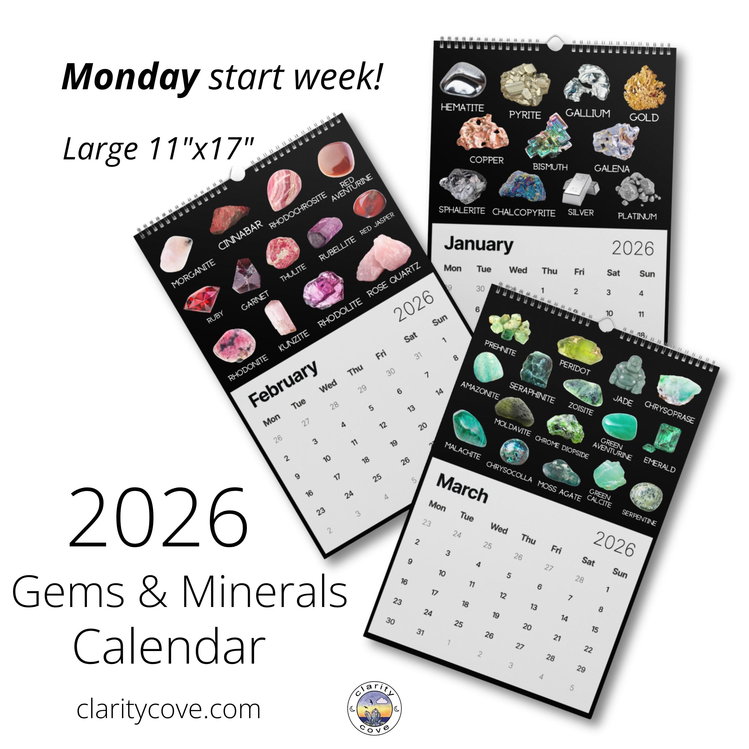 2026 gems minerals wall calendar by clarity cove crystals geology geologist rockhound art identification chart gift
