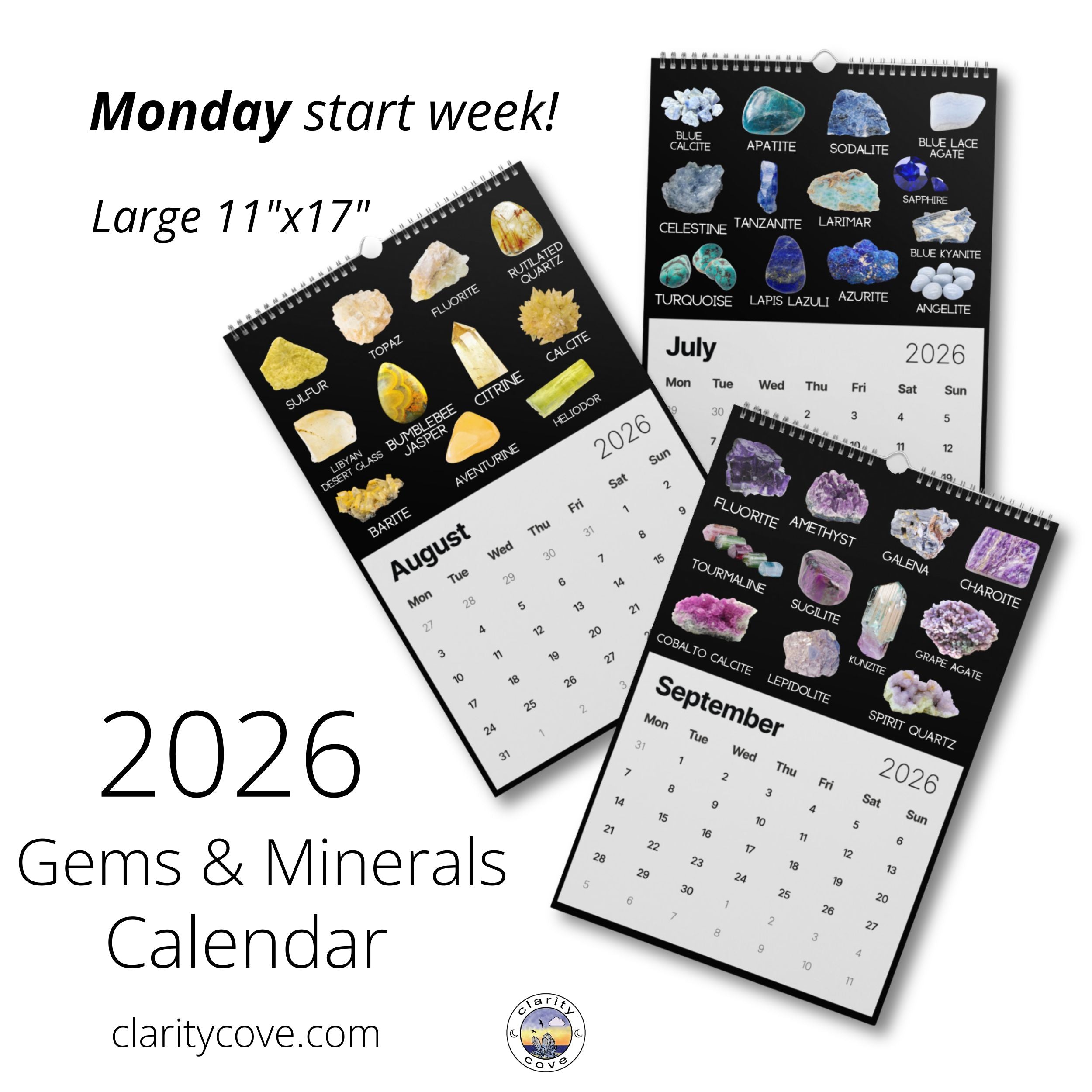 2026 gems minerals wall calendar by clarity cove crystals geology geologist rockhound art identification chart gift