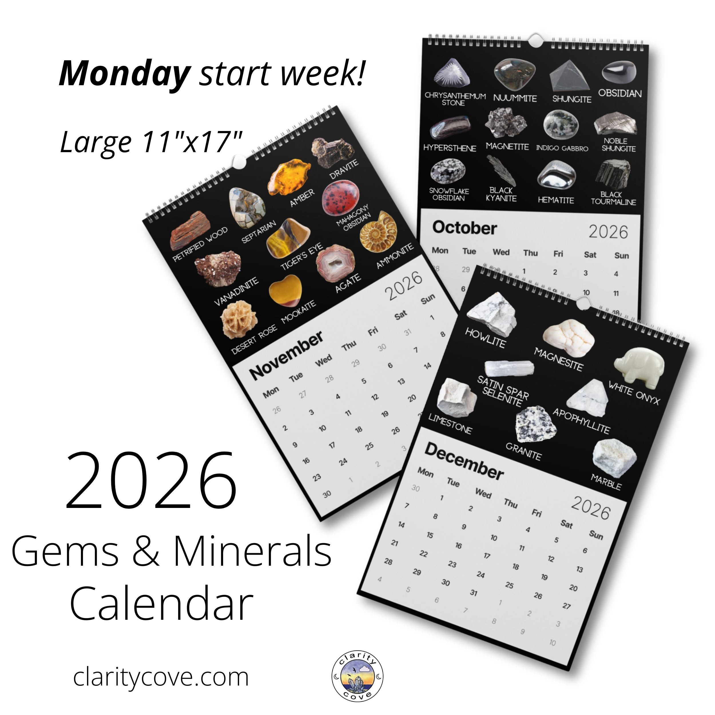 2026 gems minerals wall calendar by clarity cove crystals geology geologist rockhound art identification chart gift