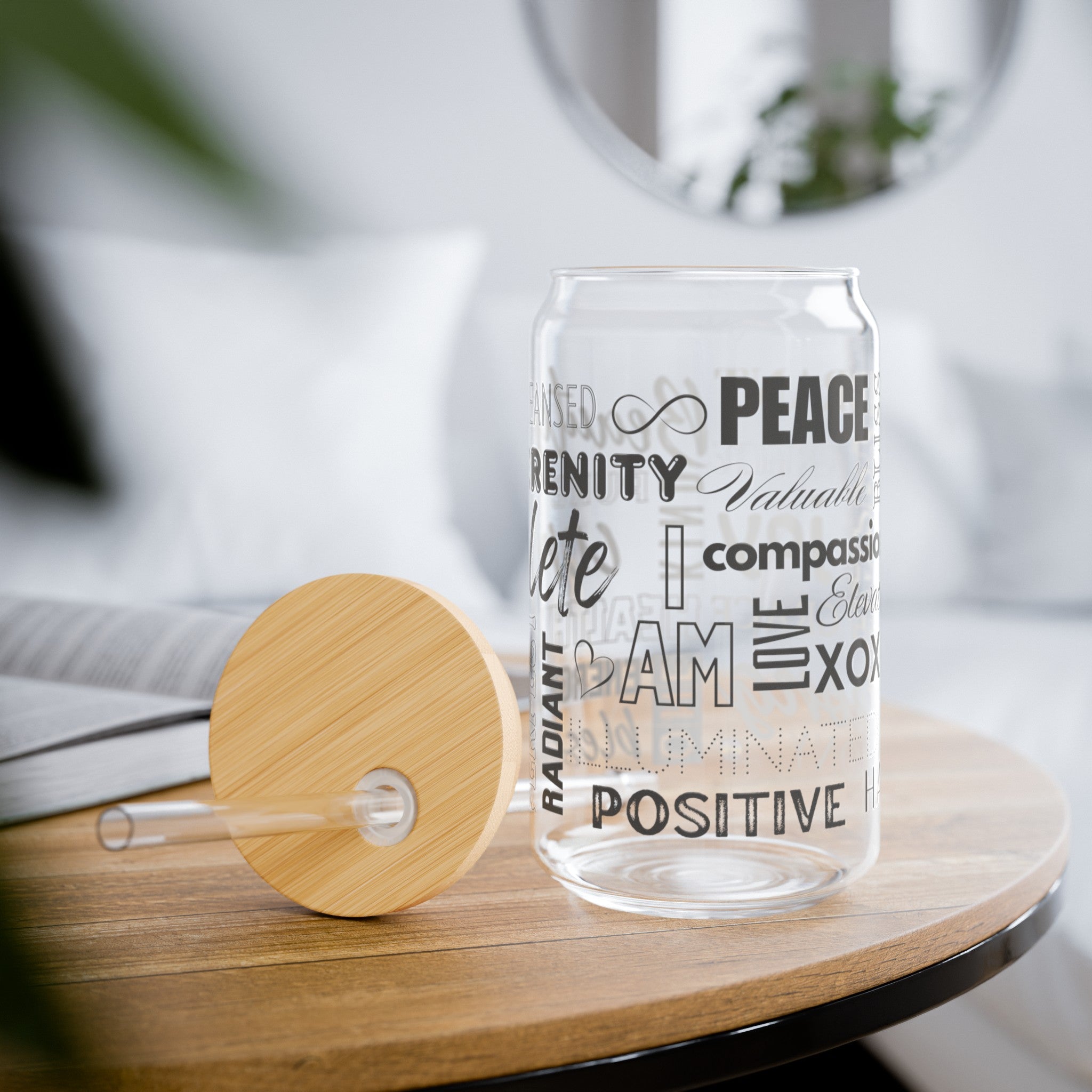 High Vibe Gift for Mother's Day, Inspirational Love Words, Glass Tumbler w/ Bamboo Wood Lid n Straw, 16 oz