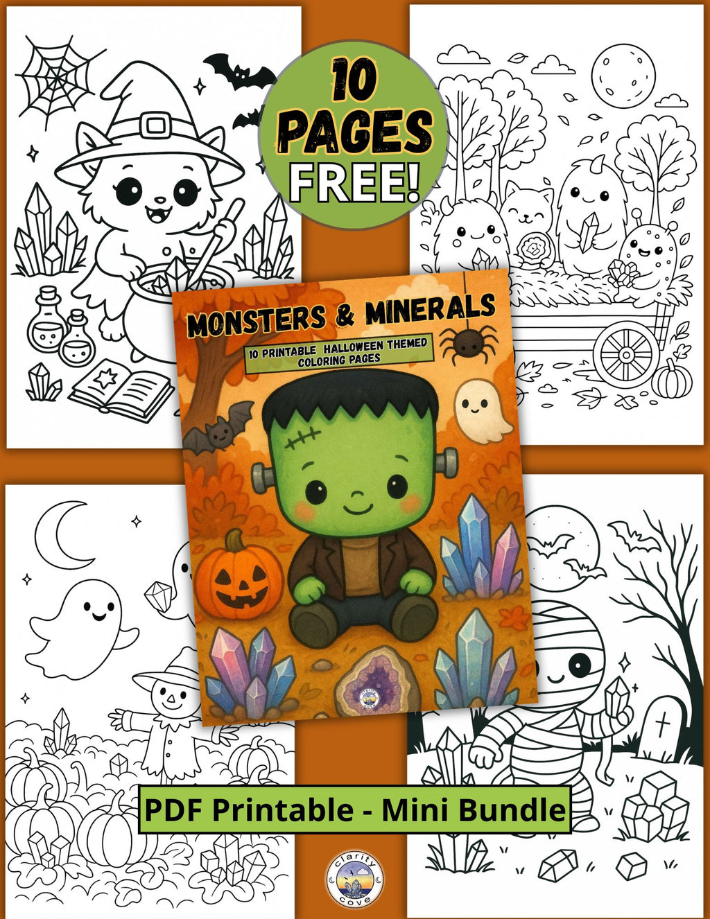 10 Halloween Monsters and Minerals Coloring Pages, PDF Printable Digital Download