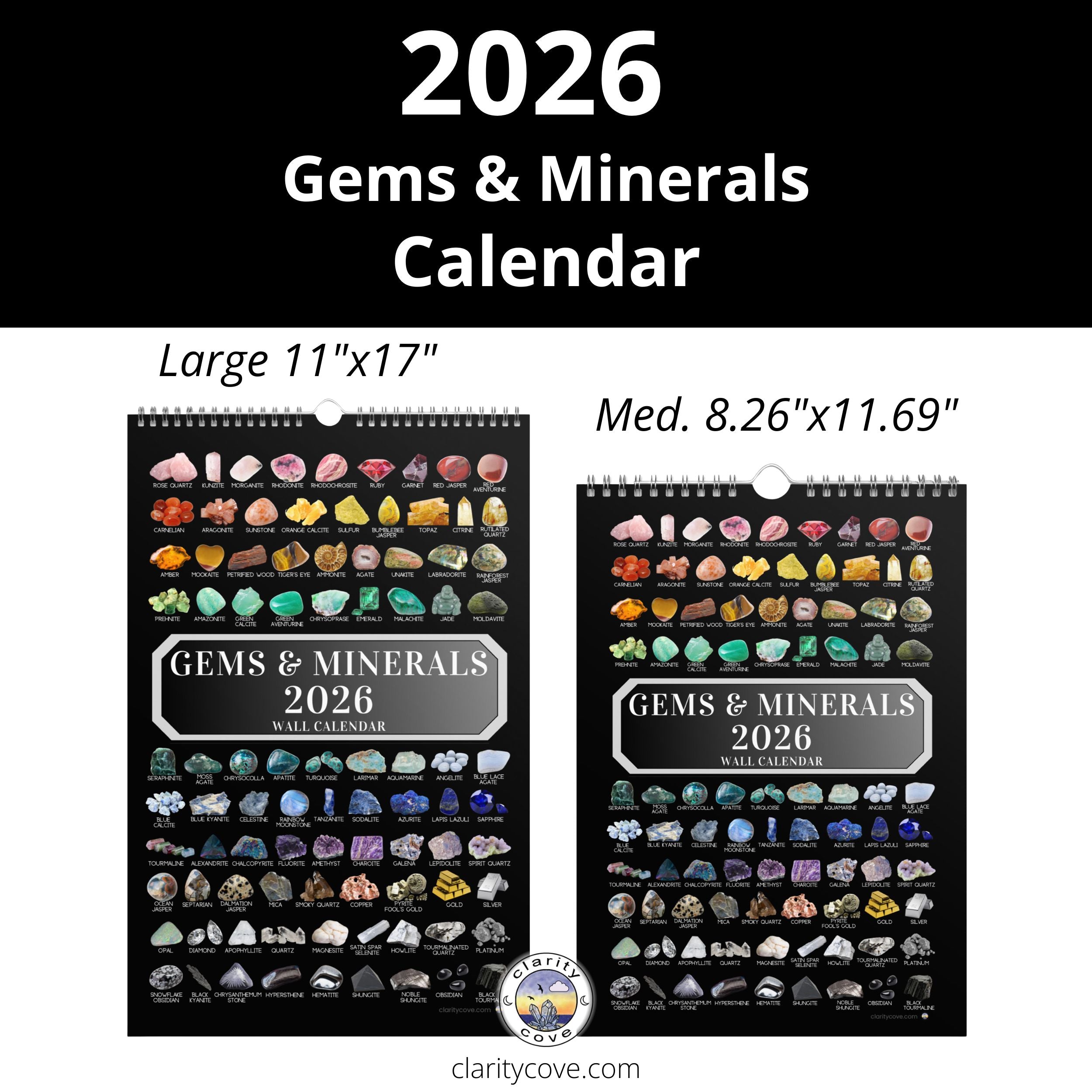 2026 gems minerals wall calendar by clarity cove crystals geology geologist rockhound art identification chart gift