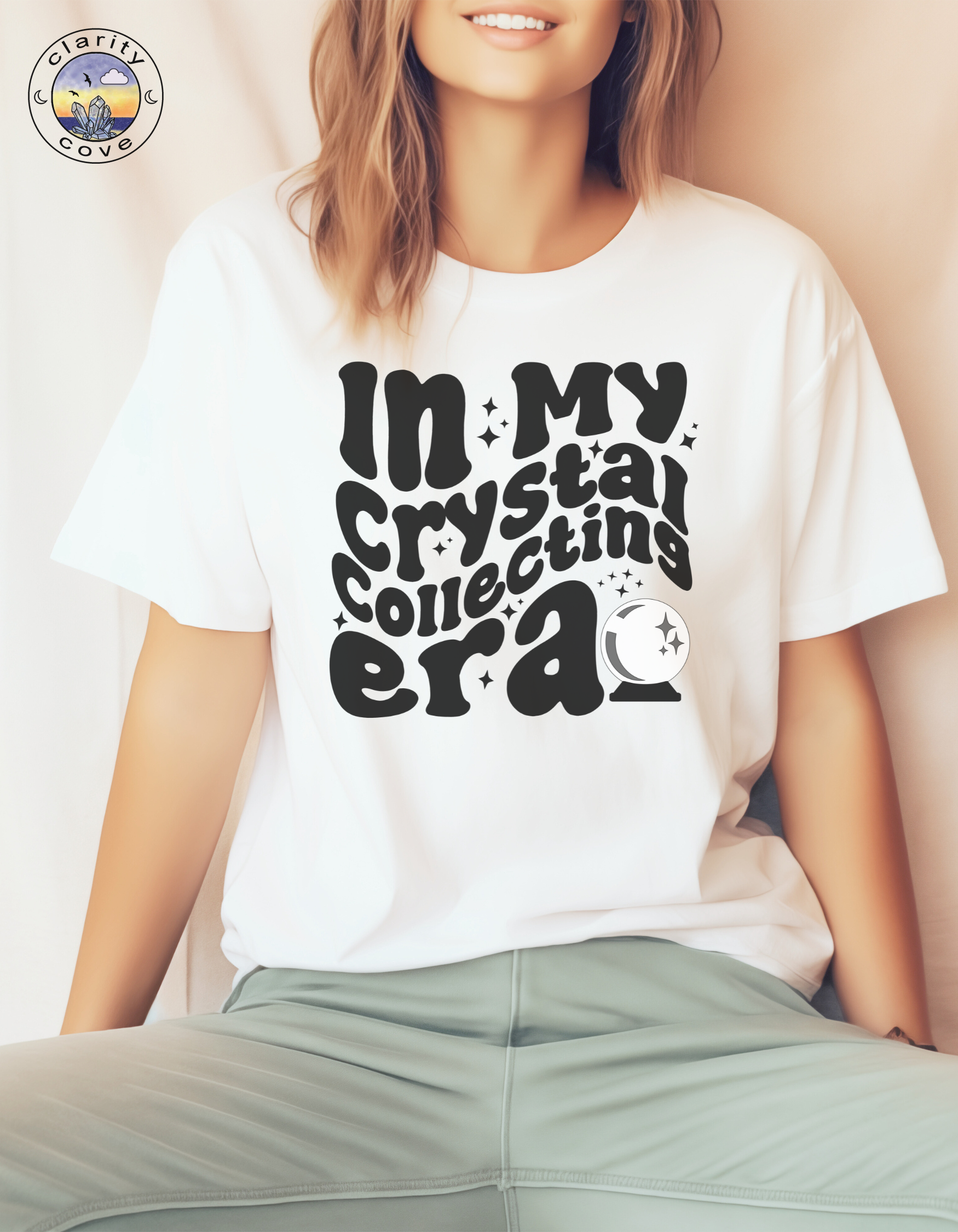 in my crystal collecting era white comfort colors retro groovy crystal ball oversized t-shirt by clarity cove