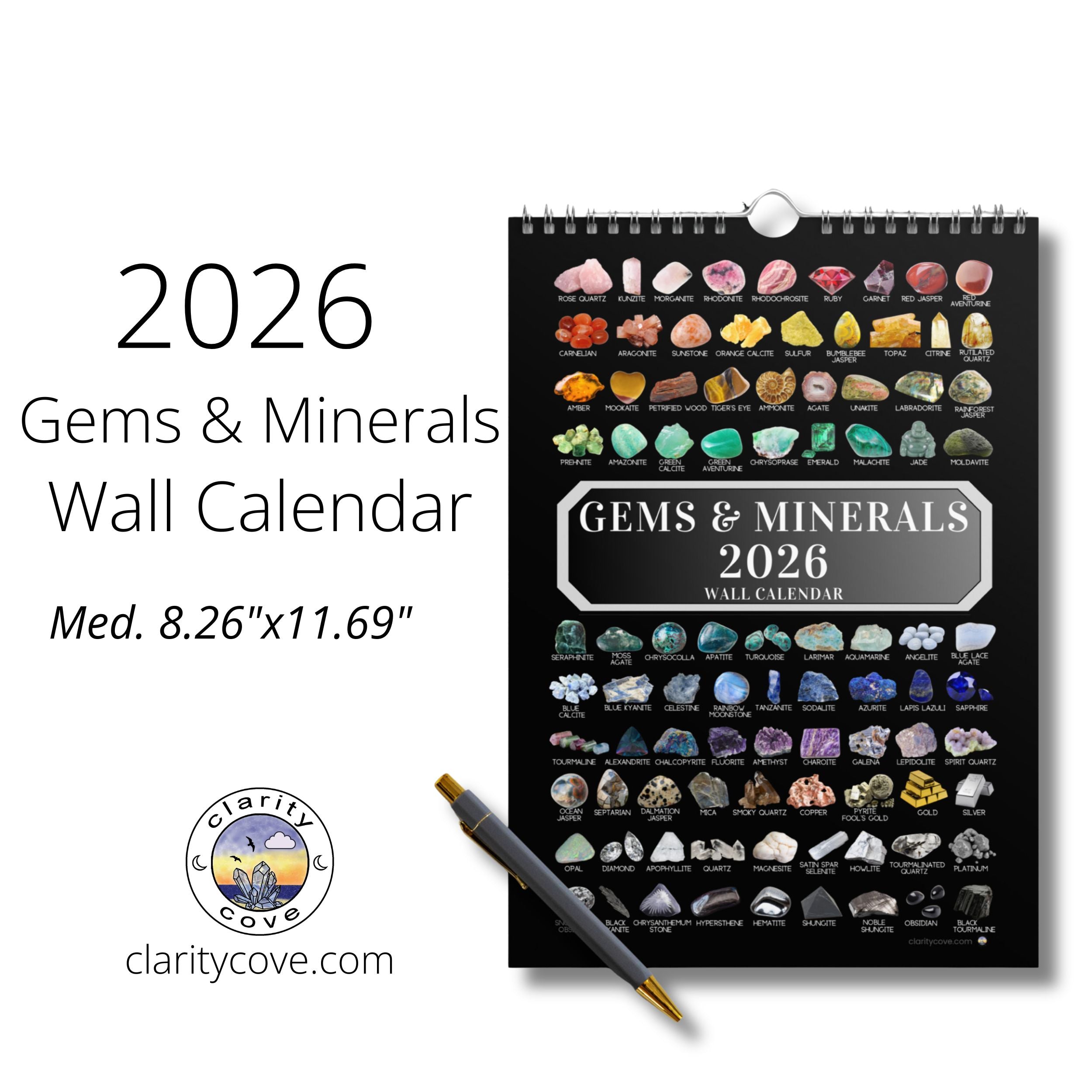 2026 gems minerals wall calendar by clarity cove crystals geology geologist rockhound art identification chart gift