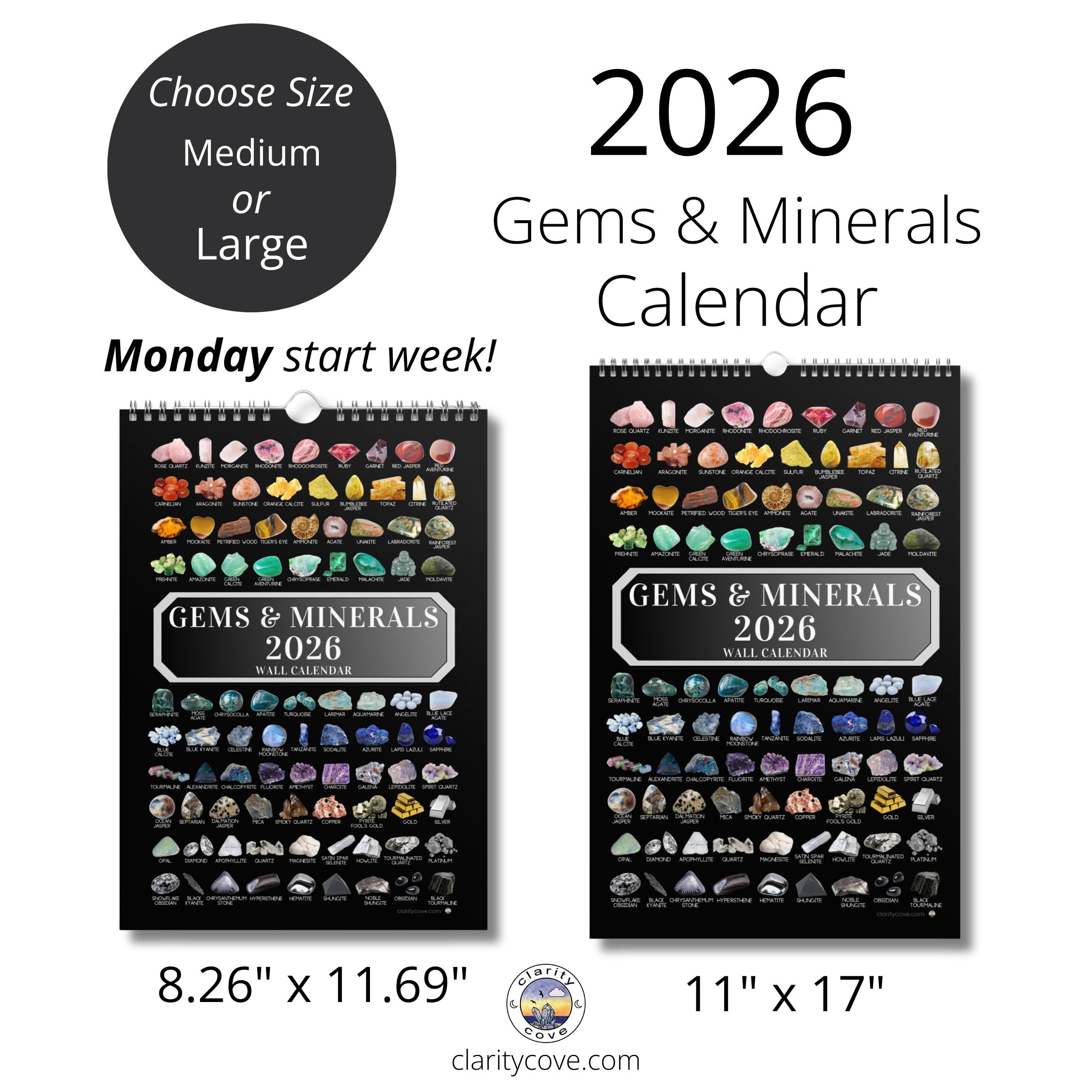 2026 gems minerals wall calendar by clarity cove crystals geology geologist rockhound art identification chart gift