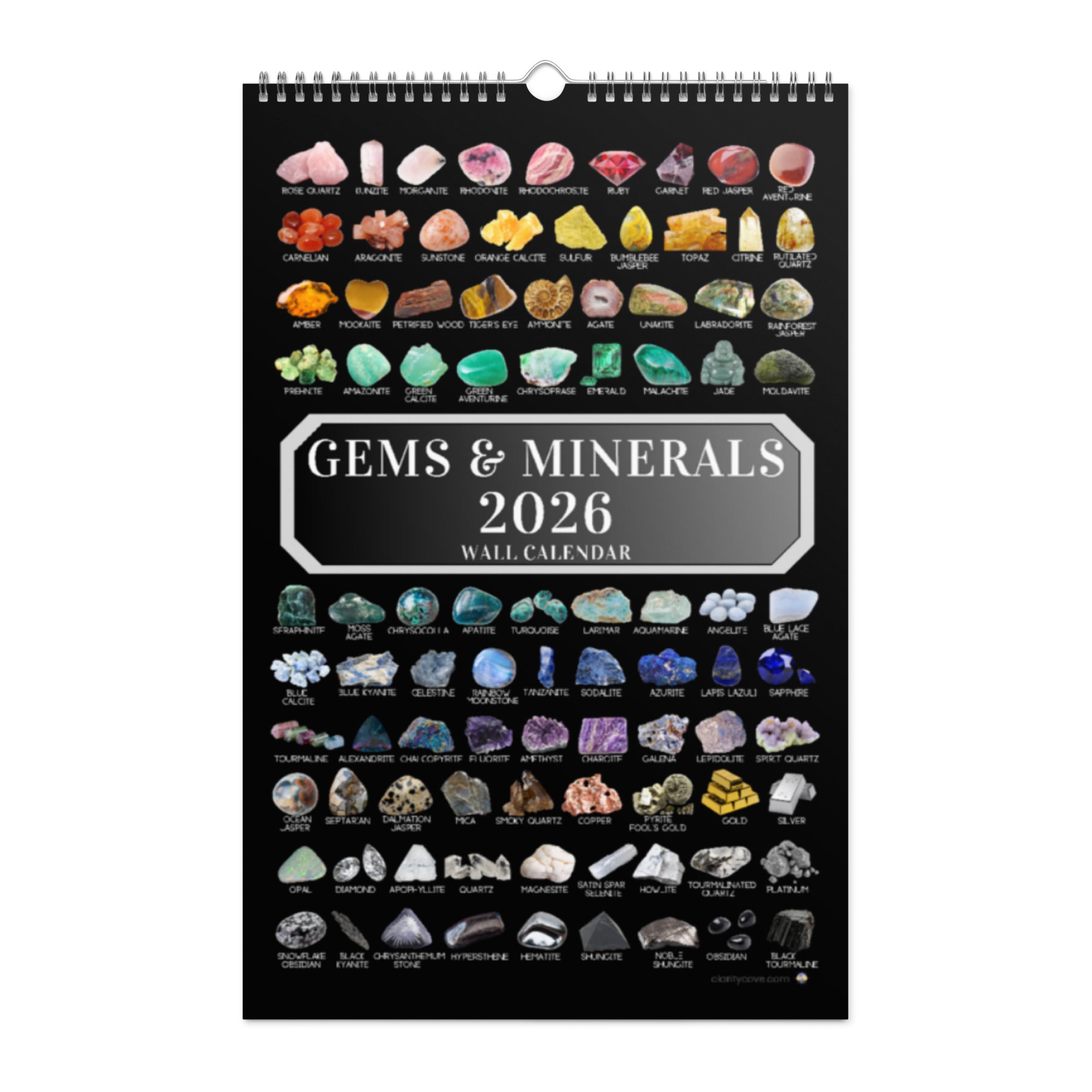 Product mockup 2026 gems minerals wall calendar by clarity cove crystals geology geologist rockhound art identification chart gift