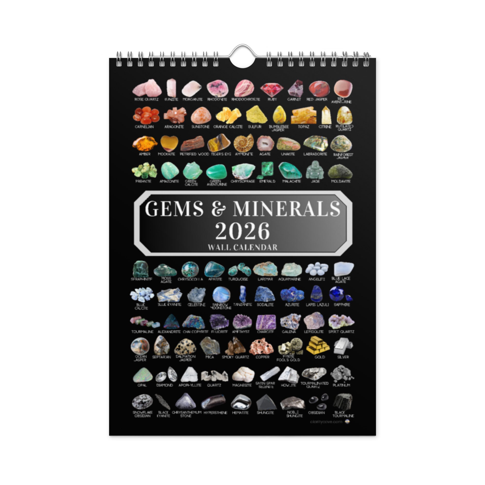 Product mockup 2026 gems minerals wall calendar by clarity cove crystals geology geologist rockhound art identification chart gift