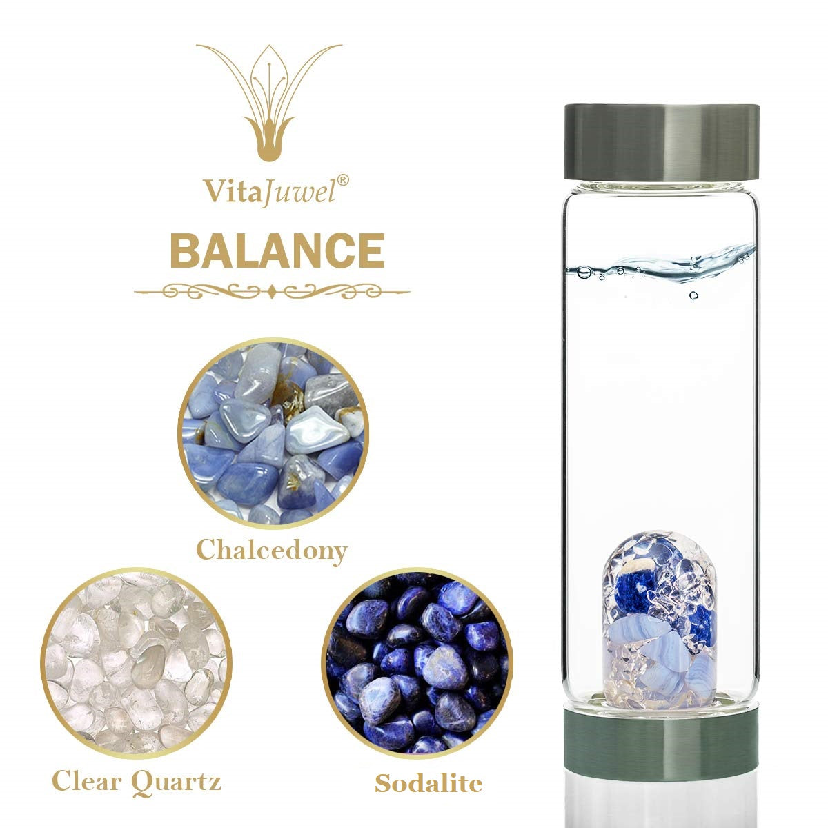 Vitajuwel ViA Gemwater Bottle BALANCE Blend with LOOP Handle Meditation Intuition Wisdom - claritycove.com