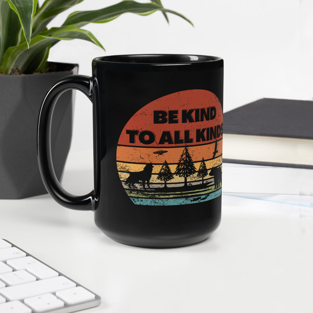 be kind to all kinds black glossy coffee mug by clarity cove