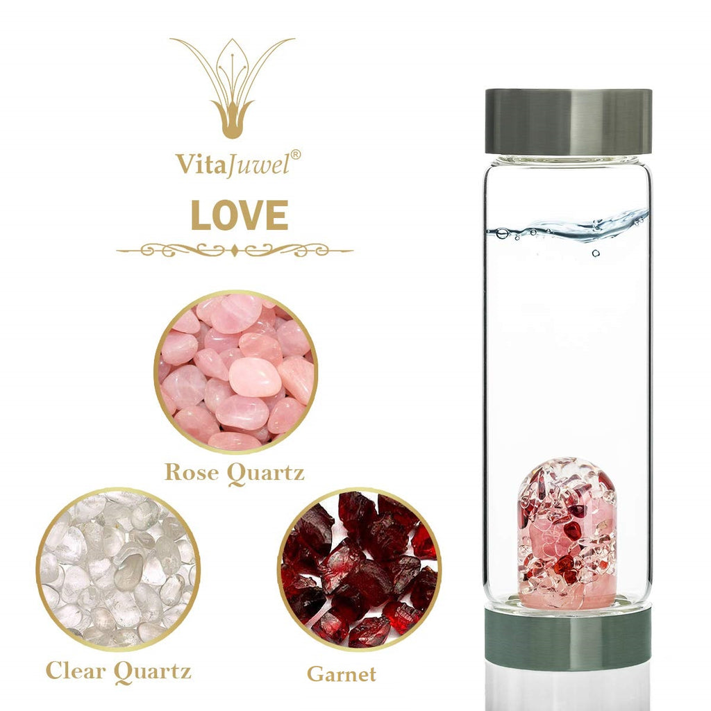 LOVE Vitajuwel ViA GemWater Bottle~LOVE Blend~Garnet, Rose Quartz, Clear Quartz Crystal - claritycove.com