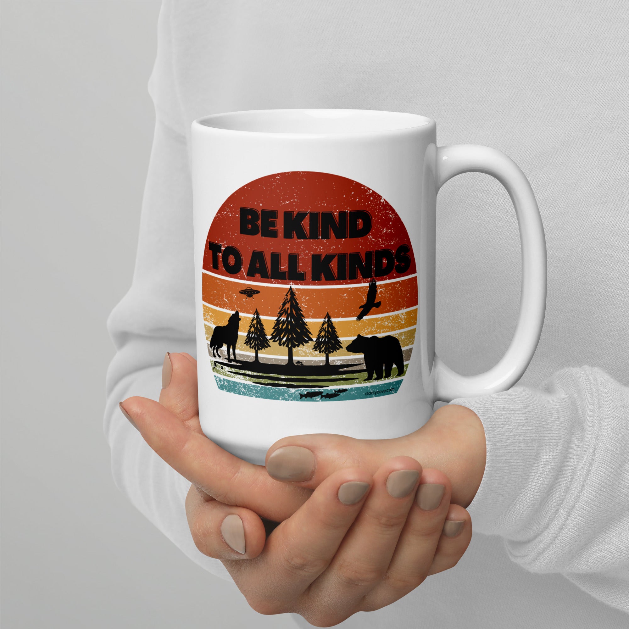 be kind to all kinds white ceramic 15oz coffee mug by clarity cove